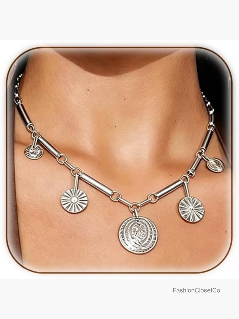 Vintage Coin Charm Choker Necklace With Sunburst Disc Pendant, Adjustable